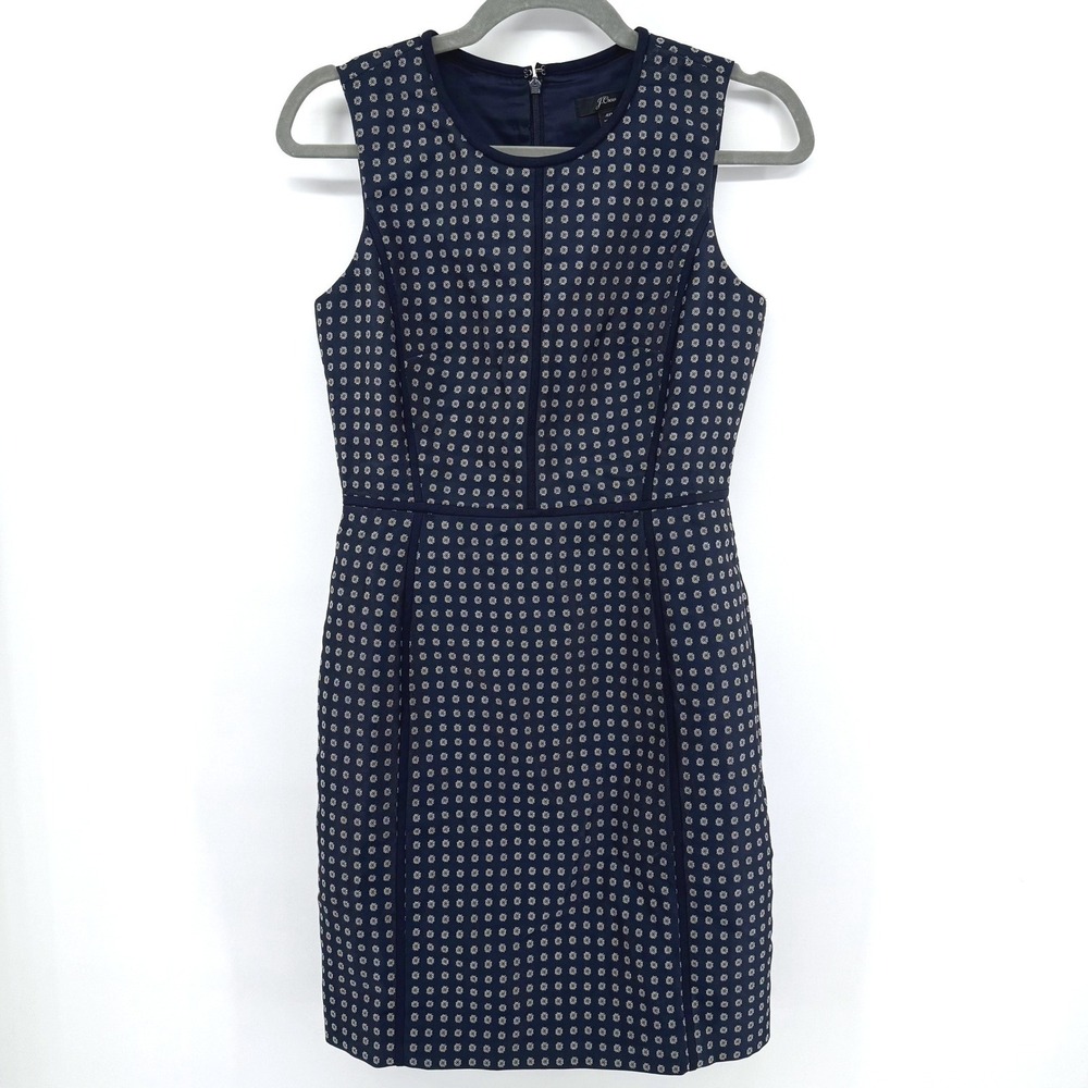 J.Crew Shift Dress Women 4P Navy Blue Geometric Floral Preppy Office Business